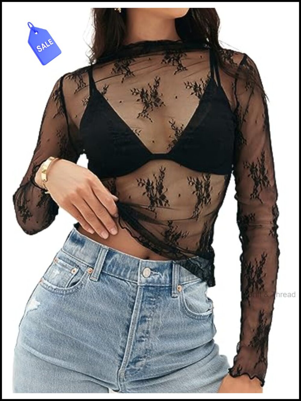 Sheer Lace Long Sleeve Mock Neck Blouse Women's Mesh Top